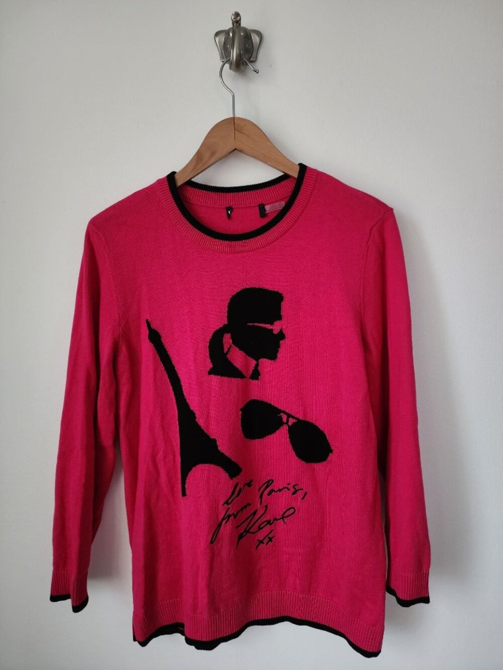 Karl Lagerfeld Paris klp motif pink black crew neck long sleeve knit sweater L